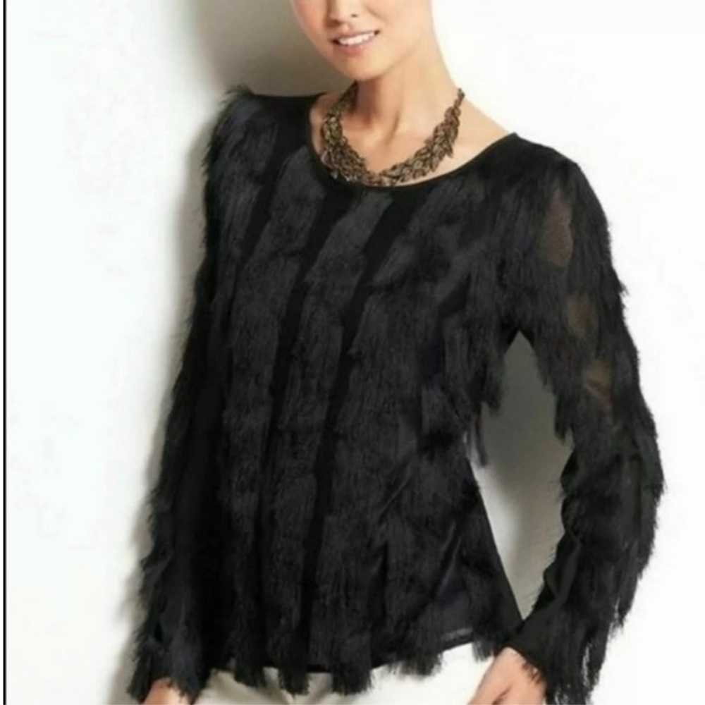 Ann Taylor Black Striped Fringe Long Sleeve Blouse Size Small - Picture 2 of 10